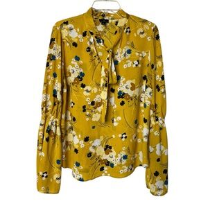 Worthington Yellow Floral V-Neck Tie Semi Sheer Blouse Flounce Sleeve Womens L
